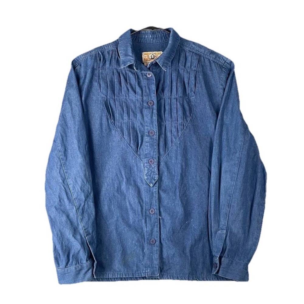 VTG  Gene Ewing BIS Chambray Shirt Women's Sz L‎ Blue Wrinkled Rich Denim USA